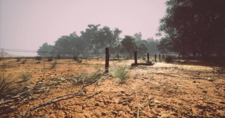 Barren terrain stretches into the distance, where dry grass and sparse foliage break the reddish soil. A few trees stand solemnly against the twilight sky, creating a sense of isolation.の写真素材