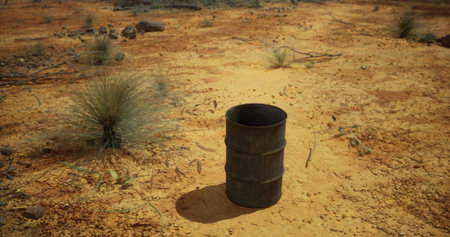 In a vast barren landscape, a rusted metal barrel sits abandoned, surrounded by dry earth and sparse vegetation. The scene captures the stark beauty and solitude of the desert.の写真素材