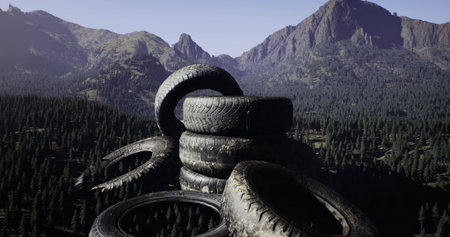 In a serene mountainous landscape, worn out tires are stacked haphazardly against a backdrop of towering peaks and lush greenery.の写真素材