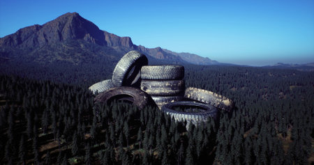 An intriguing arrangement of old tires sits atop a rugged mountain, surrounded by lush evergreen trees and majestic peaks. The clear blue sky enhances the unique landscape.の写真素材