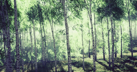 Sunlight filters through tall, slender trees, casting gentle shadows on the vibrant green undergrowth. The forest breathes life as nature awakens in a tranquil spring morning.の写真素材