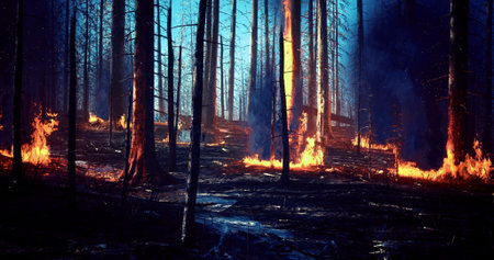 Fires rage through a forest, engulfing trees in orange flames. Dark smoke billows into the sky as the sun sets, illuminating the destruction and creating a haunting contrast in the landscape.の写真素材