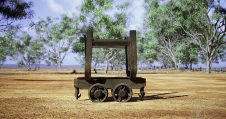 A vintage rail cart stands prominently on a dry, sunlit land surrounded by lush trees. The open...