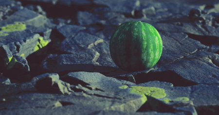A fresh watermelon sits alone on a rugged, dark stone surface, illuminated by soft, moody light.の写真素材