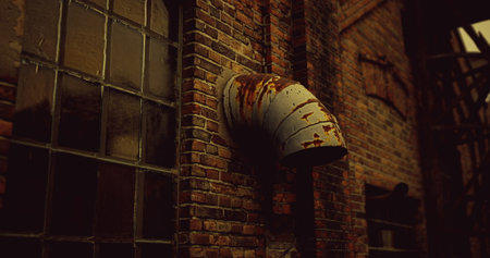 A weathered pipe extends from an aged brick wall, showcasing rust and decay in a deserted industrial...