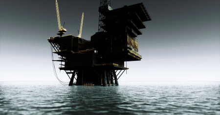 An oil rig is positioned in tranquil waters, silhouetted against a grey sky at dusk. The structure...