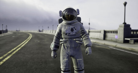 An astronaut stands alone on a deserted road, dressed in a spacesuit, with a cloudy sky above and no...
