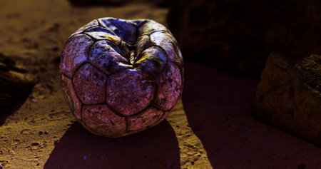 A deflated soccer ball lies on the ground, surrounded by rocks in a dry, barren landscape. The soft light creates shadows, highlighting its worn texture during twilight.の写真素材
