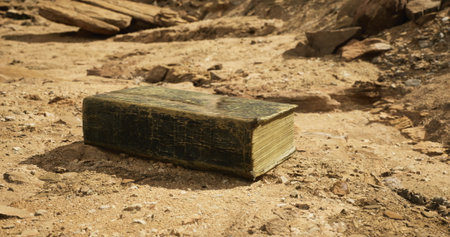 An old book lies motionless on parched earth, surrounded by rocky terrain under a bright sky, signifying remnants of history amidst a barren environment.の写真素材