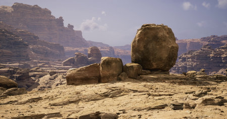 Vast desert terrain features unique rock formations under a bright blue sky. The scene captures the rough, natural beauty of an arid landscape with scattered boulders.の写真素材