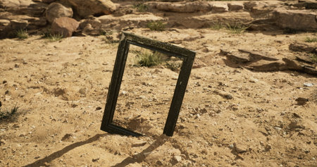 An empty black frame is positioned upright on sandy ground in a barren desert landscape. Surrounding rocks and sparse vegetation create a stark contrast against the frame.の写真素材
