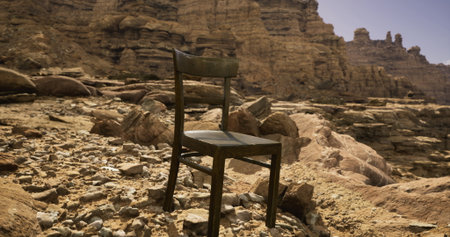 A wooden chair stands isolated on uneven rocks in an arid desert environment. The bright midday sun casts shadows on the rugged terrain, highlighting the stark beauty of the location.の写真素材