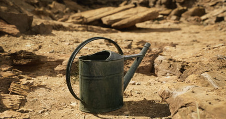 A rusted watering can rests on barren ground surrounded by rocks and dry dirt. The setting suggests a lack of water and highlights the harshness of the environment.の写真素材