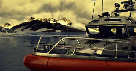 A sturdy rescue boat is anchored near snow capped mountains reflecting on calm waters as the sun sets, casting a warm glow on the tranquil landscape.の写真素材