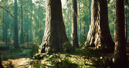Tall redwood trees dominate the landscape, surrounded by lush greenery in a peaceful forest....