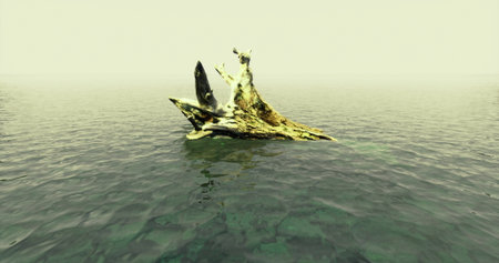 A vast, tranquil body of water features a prominent rocky formation that juts out, surrounded by a soft mist that creates a mysterious atmosphere in the early morning light.の写真素材