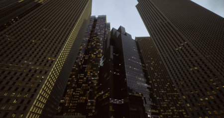 Tall skyscrapers tower against a dusk sky, their windows glowing warmly. The city scene captures the blend of modern architecture and urban life after sunset.の写真素材