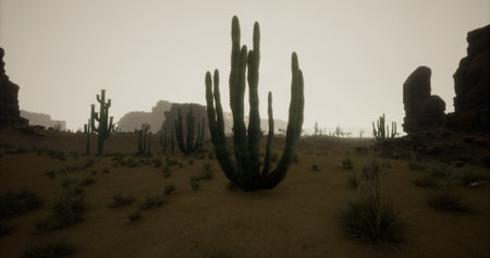 Cactuses rise prominently from the arid ground in a desert setting during the evening, while rugged...