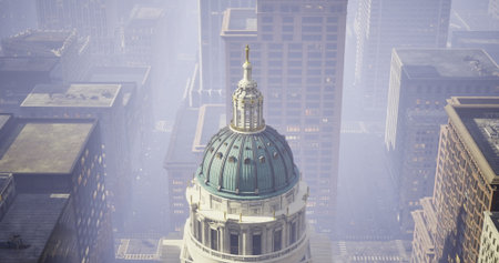 Fog blankets the cityscape, creating a mystical atmosphere. The prominent dome shines above the skyline, surrounded by towering buildings that fade into the mist, enhancing the urban charm.の写真素材