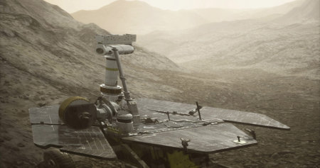 In a vast Martian landscape, the Opportunity rover examines rocky terrain under a hazy sky. Its...
