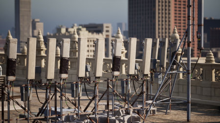 Row of Electrical Wires on Rooftop Conveys Urban Landscape in Metropolisの写真素材