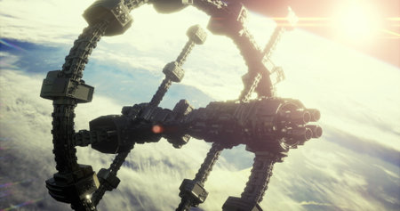 A large, detailed space station orbits Earth amidst wispy clouds. Its unique design features circular rings and multiple engine modules, illuminated by morning sunlight.の写真素材
