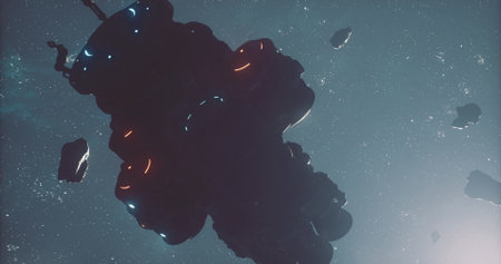 A massive spacecraft hovers in deep space, partially illuminated by distant stars, with asteroids...