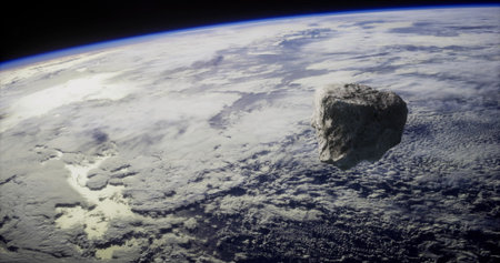 An asteroid drifts in space above Earth, surrounded by a swirling blanket of clouds. The view showcases the beautiful colors of the atmosphere and the vastness of outer space.の写真素材