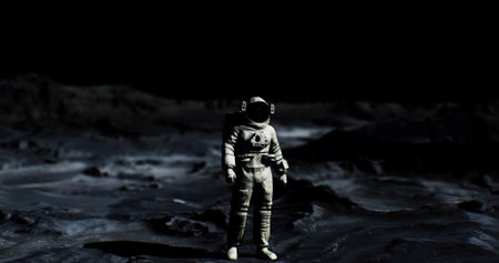 A lone astronaut stands on the rugged terrain of the moon, surrounded by a dark, peaceful expanse. The surface features craters and rocky formations, illuminated by distant starlight.の写真素材