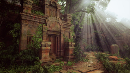 a path leading through a dense forest, with the ruins of an ancient temple nestled amidst the trees.の写真素材
