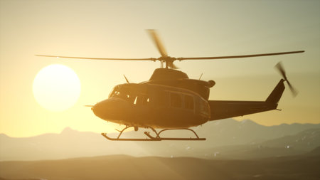 A helicopter ascends gracefully against a vibrant golden sunset, casting silhouettes on a rugged...