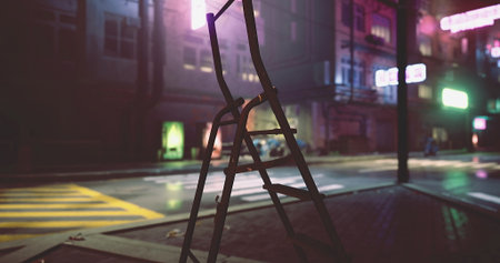 A ladder leans against a street corner, illuminated by colorful neon lights. The empty urban street...