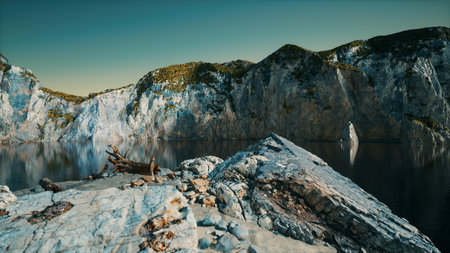 Rugged cliffs rise majestically above calm waters, creating a serene landscape. The sunlight casts a...