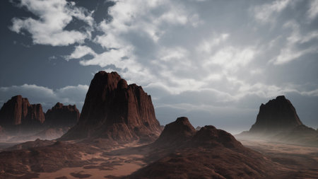 Towering rock formations create a stunning landscape as soft twilight light casts shadows across the...