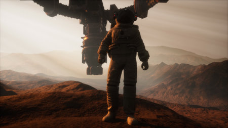 Beneath a vast sky, an astronaut stands on rocky terrain, gazing up at an advanced spacecraft. The...