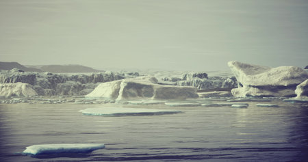 Icebergs drift silently in tranquil waters, surrounded by icy terrain under a pale sky. The serene...