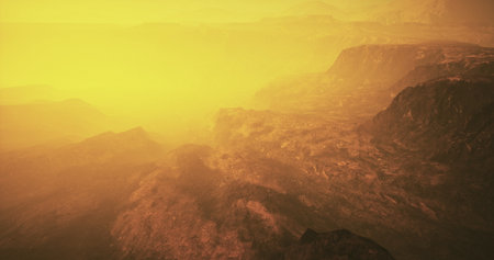 A surreal landscape unfolds under a golden sky at dusk, featuring rugged terrain and rocky...
