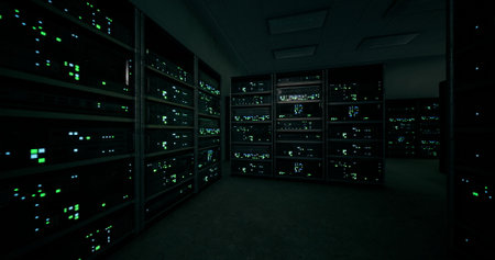 Rows of glowing servers light up the dark room with a mesmerizing green. The atmosphere is serene,...