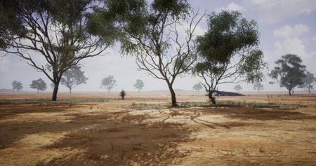 The dry landscape features scattered trees casting long shadows on the arid ground, with a backdrop...