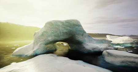 An impressive ice arch rises from the sea, surrounded by floating icebergs in a serene Arctic...