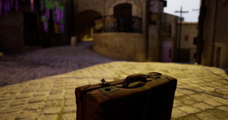 A weathered suitcase sits on a cobblestone street illuminated by soft twilight. The surroundings...