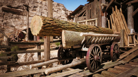 A wooden cart is loaded with a large log, resting on timber tracks in a rustic setting surrounded by dilapidated wooden structures and rocky terrain under clear blue skies.の写真素材