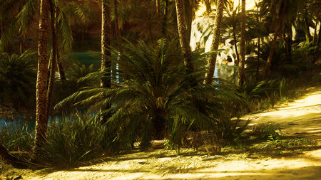 Palm trees sway gently as golden sunlight filters through the leaves, illuminating the soft sandy...