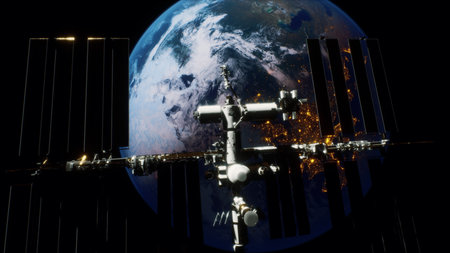 A breathtaking view captures a space station hovering above the vibrant, illuminated Earth.