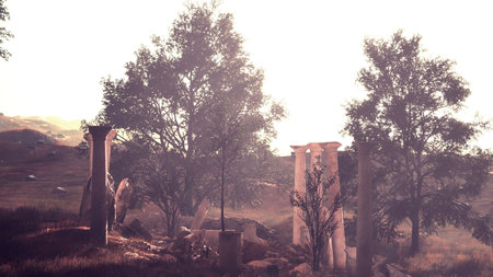 Golden sunlight filters through the trees, illuminating weathered columns amid wild grasses. An aura...
