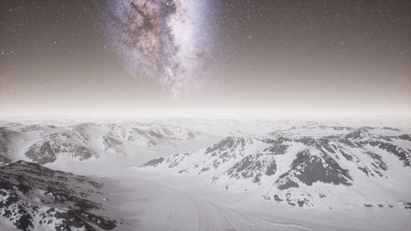 Under a celestial sky, majestic mountain ranges covered in gleaming snow stretch endlessly. The...