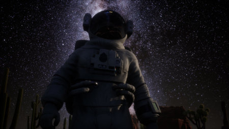 An astronaut stands in a serene desert landscape, gazing at the expansive night sky filled with...