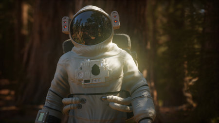 An astronaut stands amidst towering trees, merging the wonder of space exploration with the serenity...