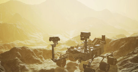 Curiosity rover traverses the Martian landscape, capturing the essence of exploration as the sun...