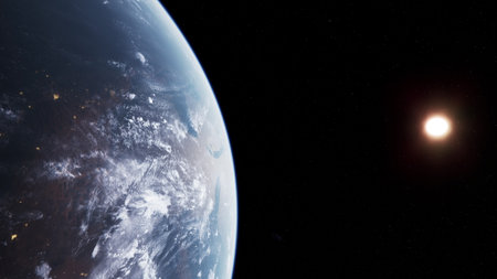 A view of Earth from the space shuttle, showcasing the planets curvature, atmospheric layers, and...